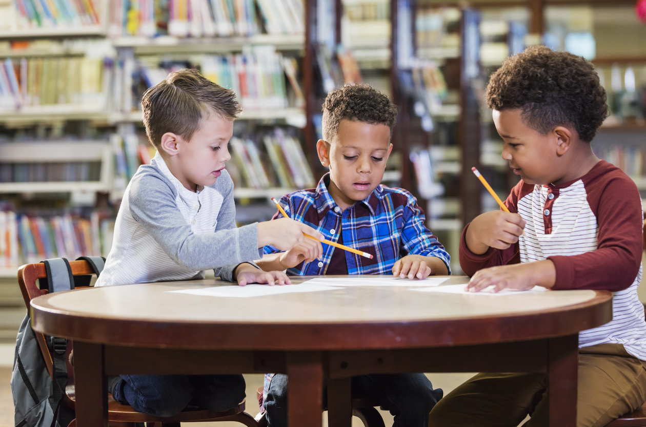 students in library